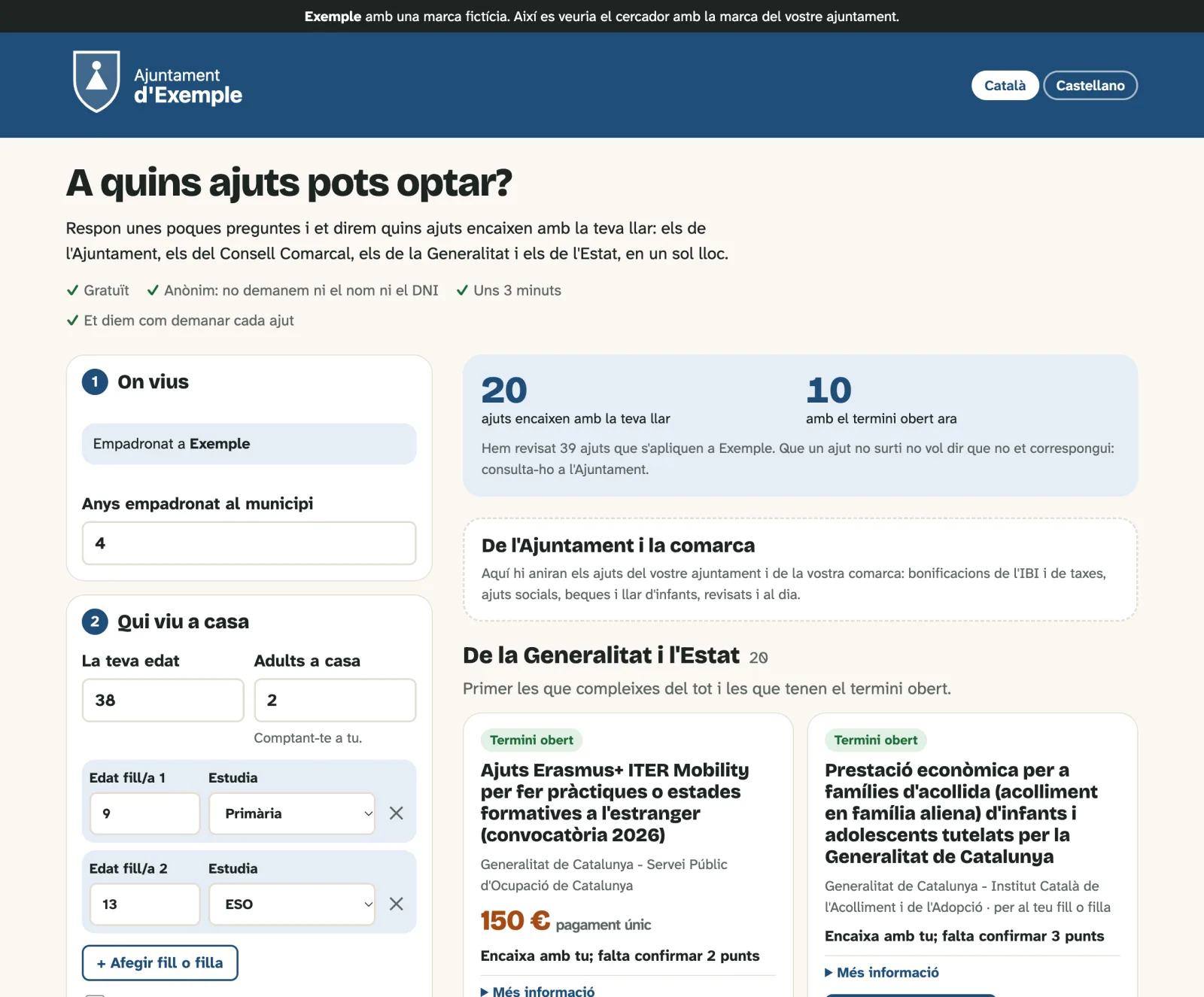 Captura del cercador d'ajuts amb la marca d'un ajuntament fictici: preguntes sobre la llar a l'esquerra i, a la dreta, els ajuts que hi encaixen.