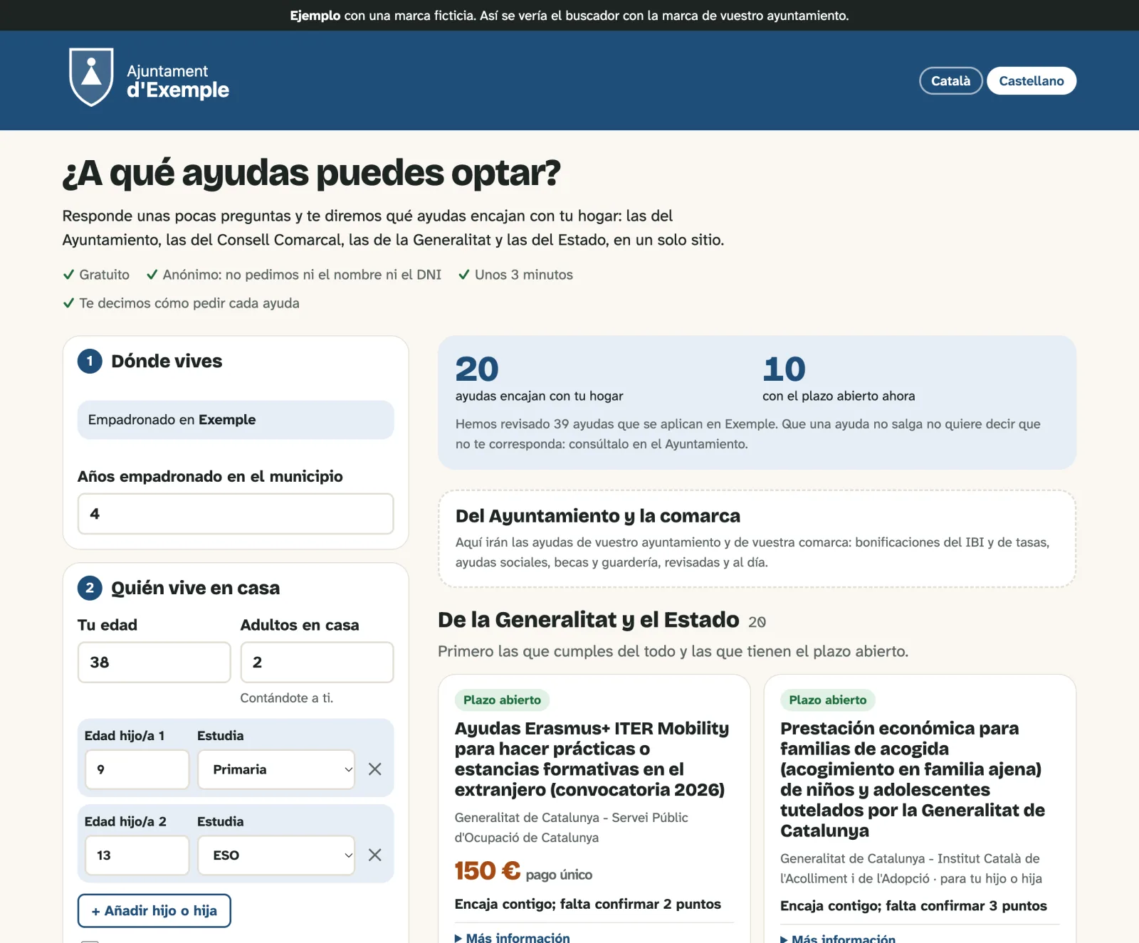 Captura del buscador de ayudas con la marca de un ayuntamiento ficticio: preguntas sobre el hogar a la izquierda y, a la derecha, las ayudas que encajan.