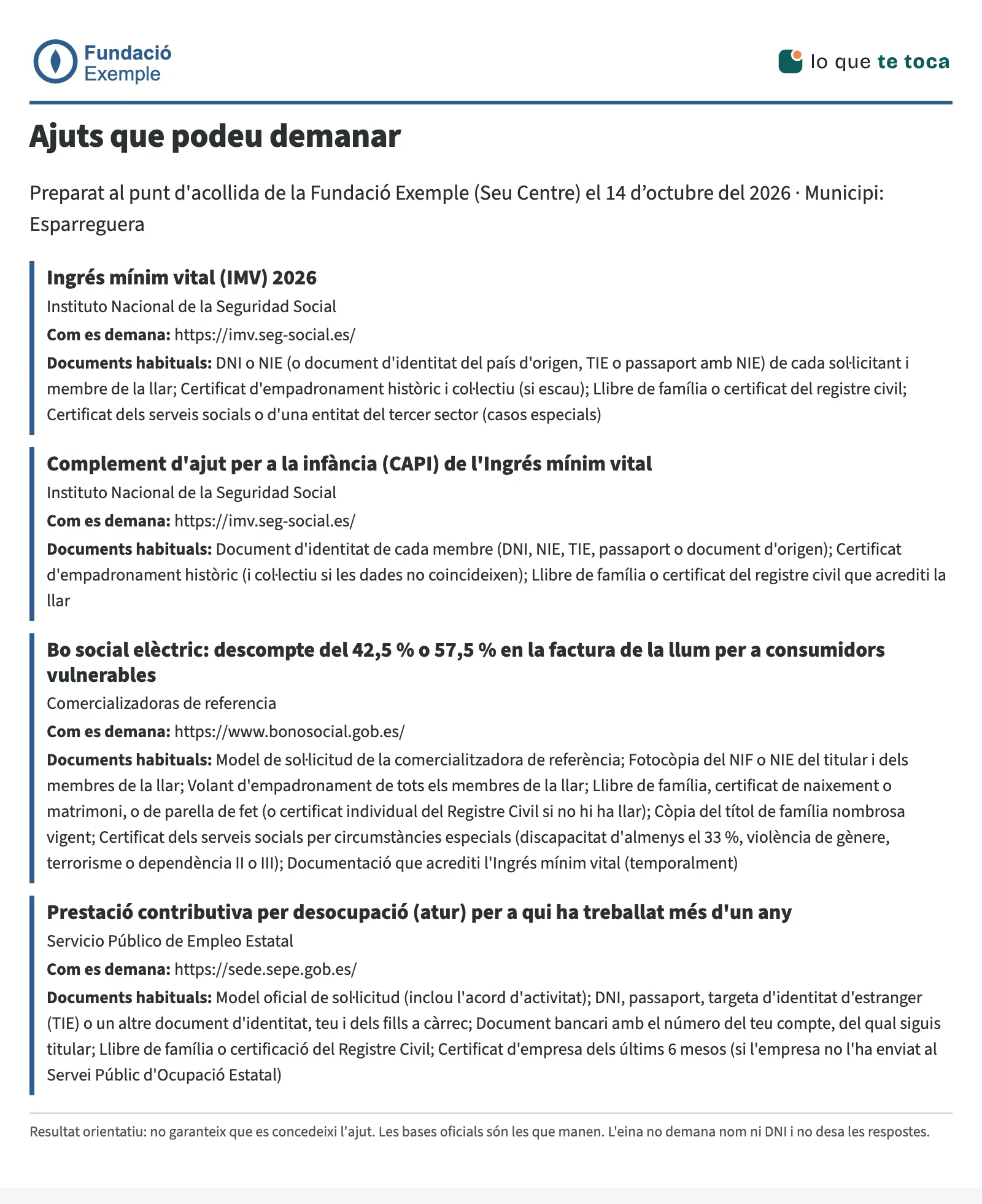 Full per a la família amb els ajuts triats, on es demana cadascun i els documents habituals.
