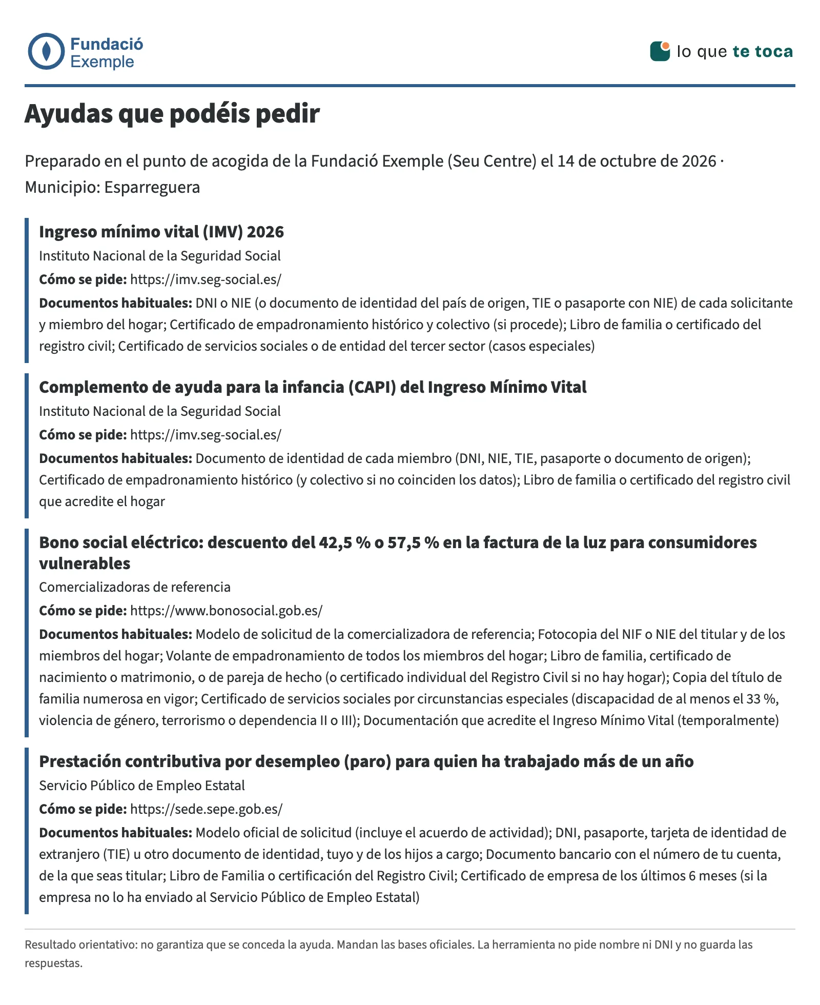 Hoja para la familia con las ayudas elegidas, dónde se pide cada una y los documentos habituales.